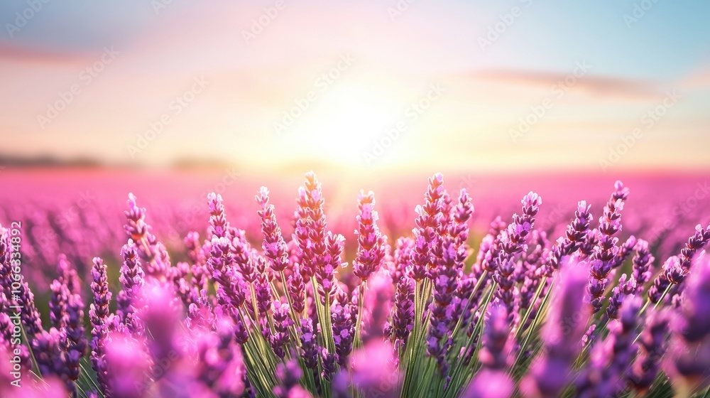 Naklejka premium A vibrant field of lavender flowers in full bloom, stretching towards the horizon under a clear blue sky.
