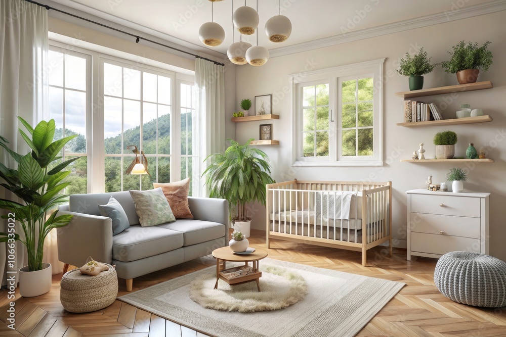 Aerial View of a Scandinavian Nursery: Modern Minimalist Living Room with Natural Light and Stylish Decor Aerial View of a Scandinavian Nursery: Modern Minimalist Living Room with Natural Light and Stylish Decor
