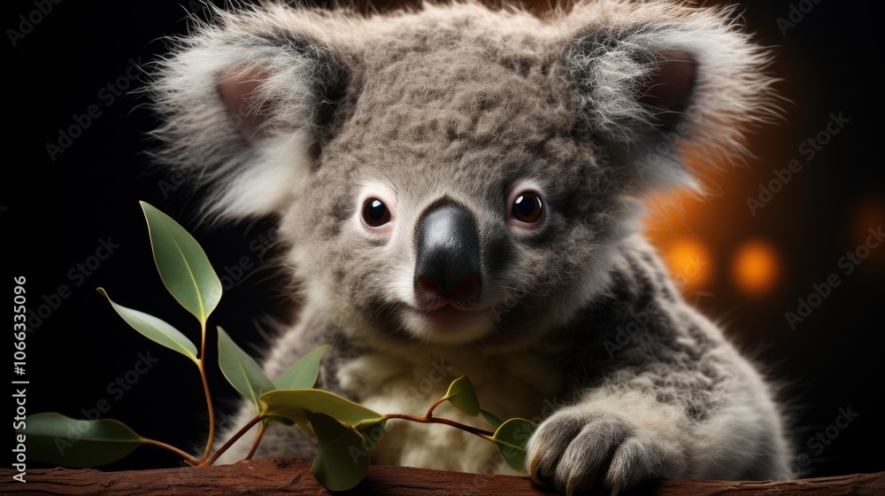 A close-up portrait of a cute koala with large, curious eyes, looking directly at the camera. It is perched on a branch with eucalyptus leaves. The background is blurred with warm lights. A close-up portrait of a cute koala with large, curious eyes, looking directly at the camera. It is perched on a branch with eucalyptus leaves. The background is blurred with warm lights.