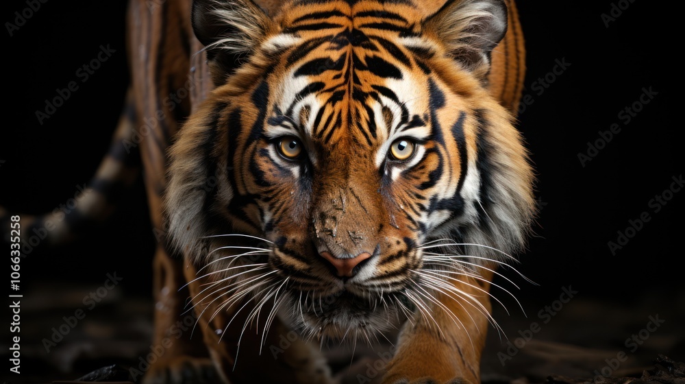 Close-up portrait of a majestic tiger with piercing yellow eyes, looking directly at the camera against a black background. Close-up portrait of a majestic tiger with piercing yellow eyes, looking directly at the camera against a black background.