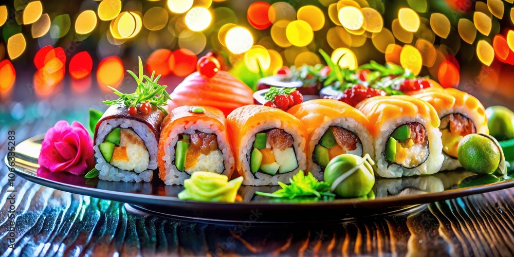 Naklejka premium Beautiful Double Exposure of Colorful Sushi Rolls on Decorative Platter, Vibrant Culinary Art, Fresh Ingredients, Gourmet Cuisine, Japanese Delicacies, Sushi Presentation