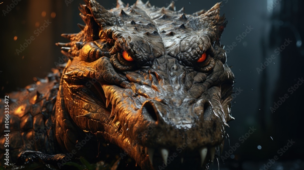 A close-up of a menacing, reptilian creature with glowing red eyes and sharp teeth. A close-up of a menacing, reptilian creature with glowing red eyes and sharp teeth.