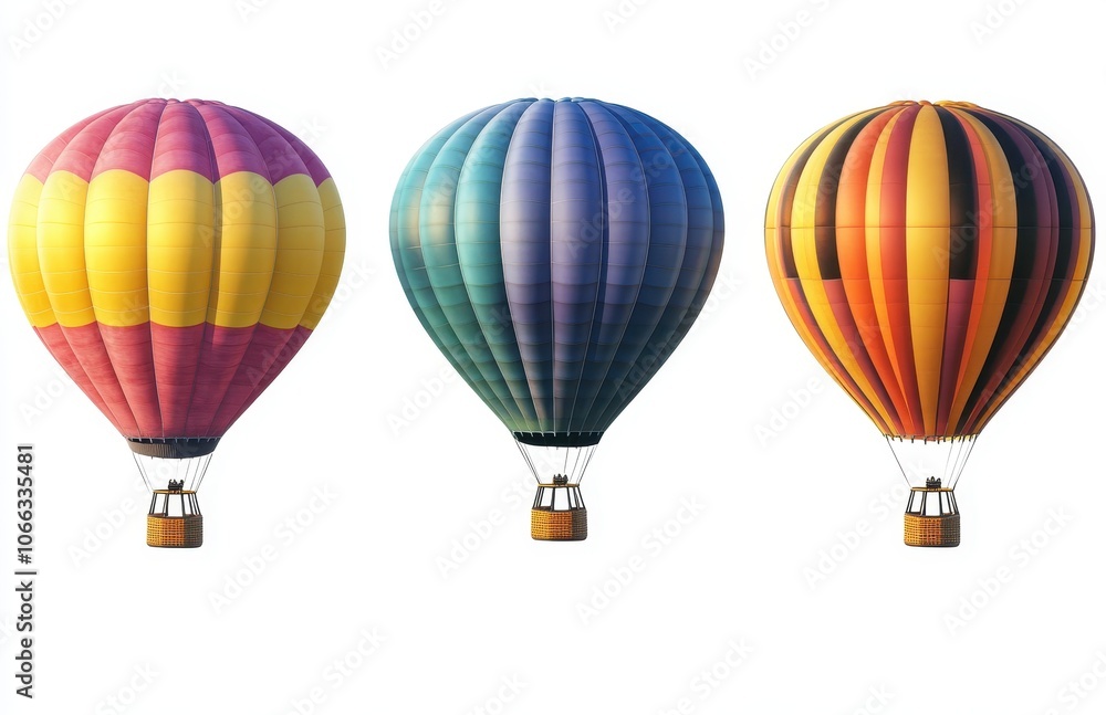 Fototapeta premium Three vibrant hot air balloons in different colors, showcasing a colorful display against a clear background, perfect for promoting adventure and outdoor experiences.