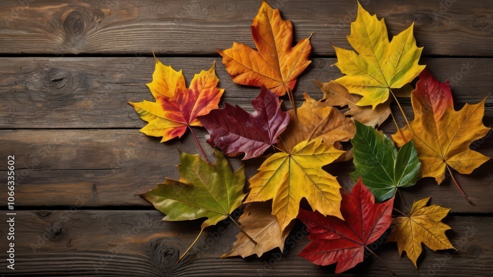 Autumn, bright multi-colored autumn leaves on the wooden surface, create a beautiful pattern, the background of dark wooden boards Autumn, bright multi-colored autumn leaves on the wooden surface, create a beautiful pattern, the background of dark wooden boards