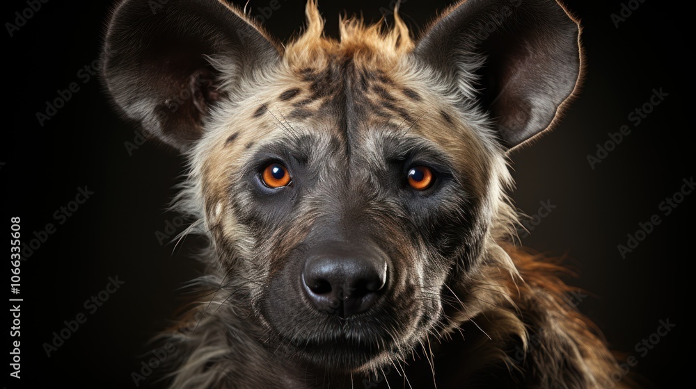 Close-up portrait of a hyena with intense amber eyes against a black background. Close-up portrait of a hyena with intense amber eyes against a black background.