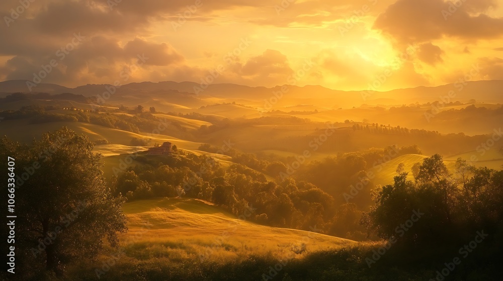 Obraz premium Golden Sunset Illuminates Rolling Hills and a Distant Farmhouse