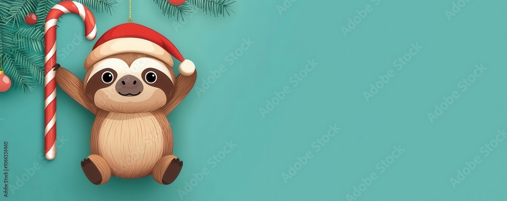 Christmas sloth hanging from candy cane, festive scene, flat design illustration Christmas sloth hanging from candy cane, festive scene, flat design illustration