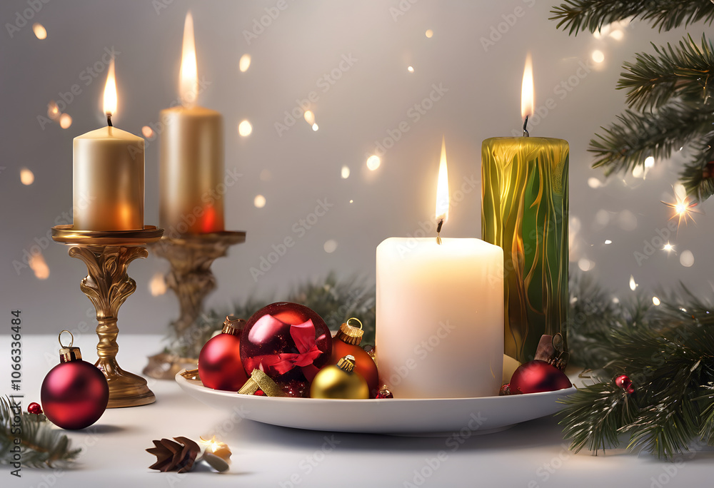A lit white candle surrounded by festive decorations including pine branches and golden ornaments, set against a soft, snowy background. A lit white candle surrounded by festive decorations including pine branches and golden ornaments, set against a soft, snowy background.