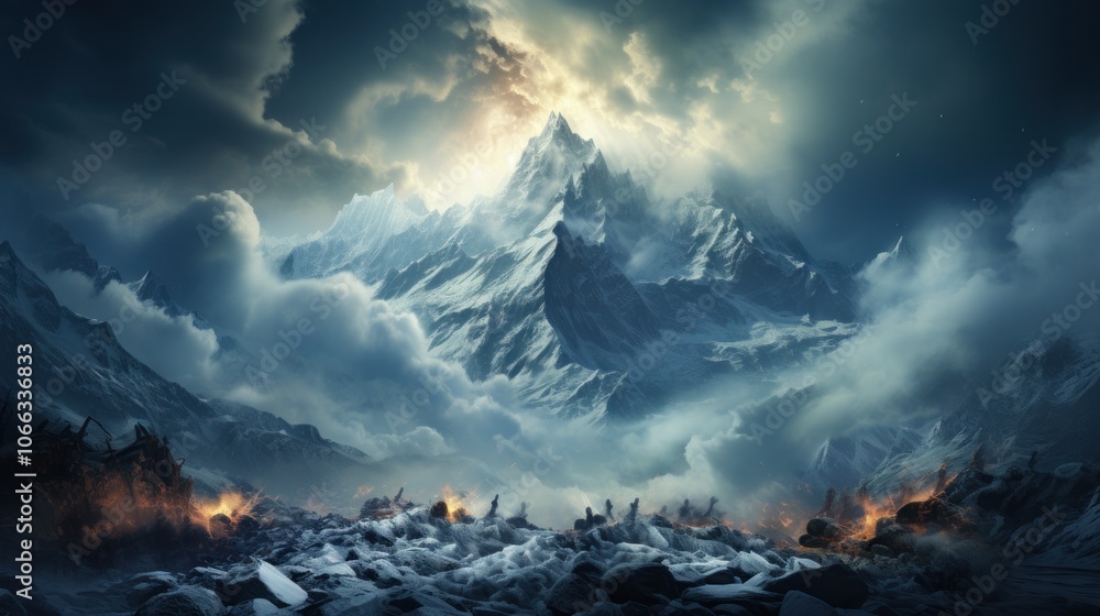 Naklejka premium A dramatic mountain peak with snow-capped peaks and a fiery foreground, shrouded in clouds against a stormy sky.
