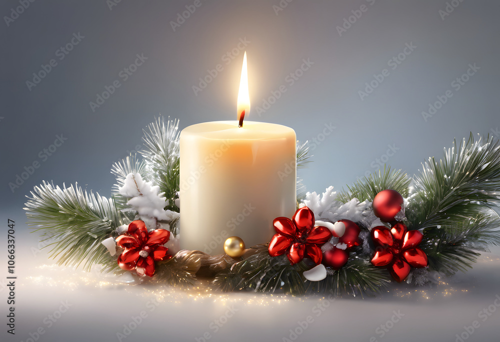 A lit white candle surrounded by festive decorations including pine branches and golden ornaments, set against a soft, snowy background. A lit white candle surrounded by festive decorations including pine branches and golden ornaments, set against a soft, snowy background.