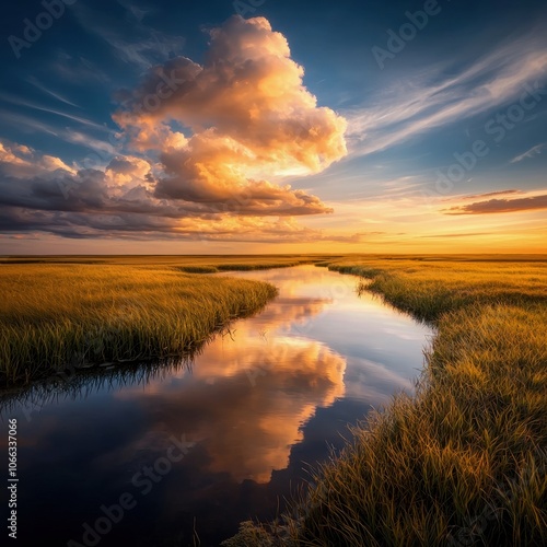 Beautiful sunset reflecting on a calm river surrounded by golden grass.