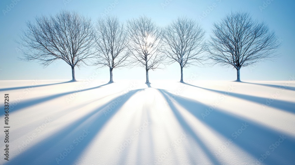 The long shadows of trees cast across a snow covered field, creating a graphic pattern of light and dark. The long shadows of trees cast across a snow covered field, creating a graphic pattern of light and dark.