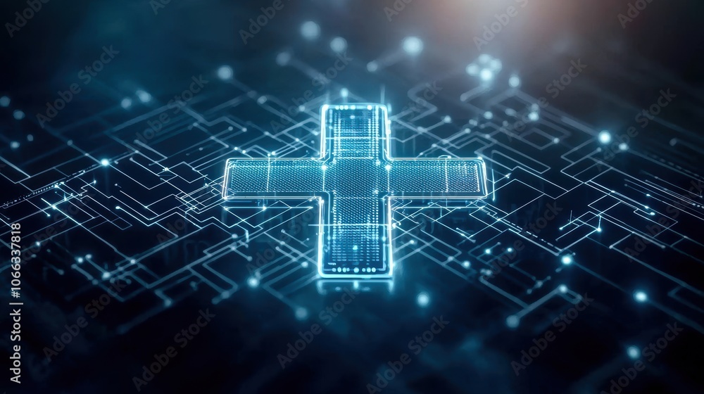 A glowing digital medical cross on a futuristic circuit board background, symbolizing health and technology integration. A glowing digital medical cross on a futuristic circuit board background, symbolizing health and technology integration.