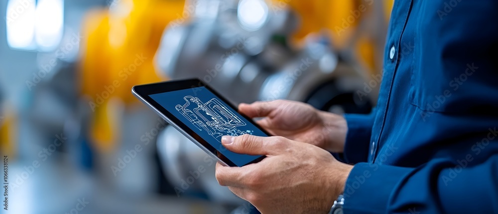 © maesarin - Hands using a digital tablet to monitor and control smart industrial with machinery and equipment visible in the background