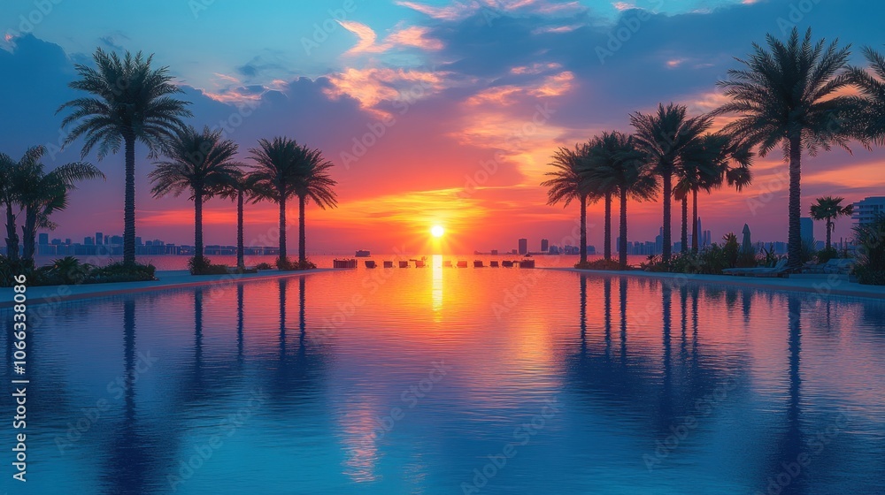 Obraz premium Sunset over the Pool with Palm Trees