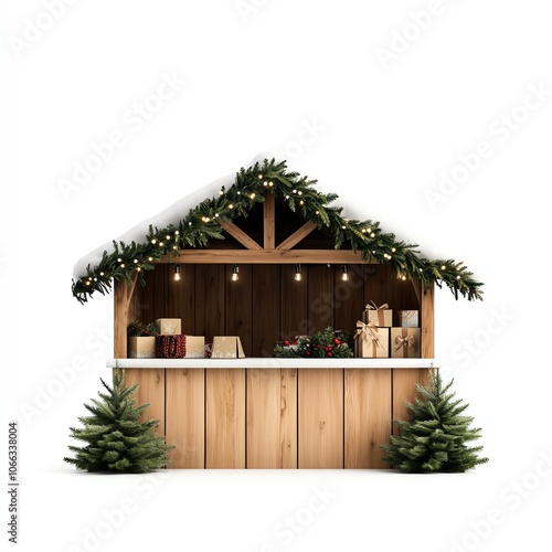 Festive wooden market stall decorated with greenery and lights, white isolate background.