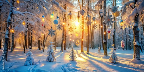 A winter wonderland with snow-covered trees illuminated by warm, glowing lights, creating a magical atmosphere in a forest setting.