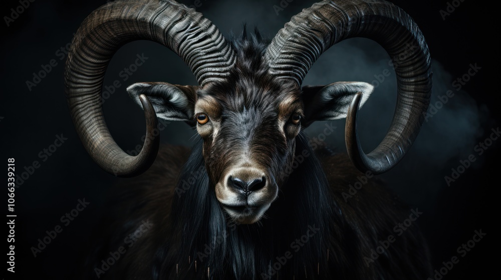 Close-up portrait of a majestic mountain goat with large, curved horns against a dark, smoky background. Close-up portrait of a majestic mountain goat with large, curved horns against a dark, smoky background.