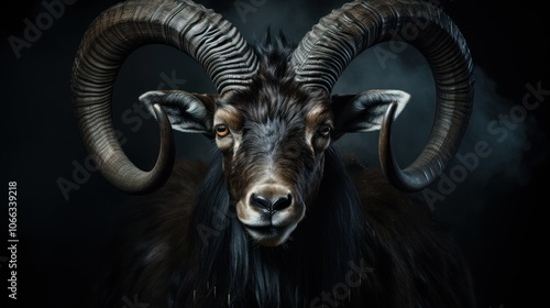 Close-up portrait of a majestic mountain goat with large, curved horns against a dark, smoky background.