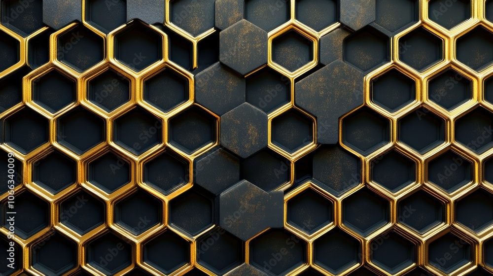A seamless honeycomb pattern background with a metallic gold and black finish A seamless honeycomb pattern background with a metallic gold and black finish