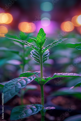 Observe the growth of a plant thriving under led enhanced light in a controlled environment photo