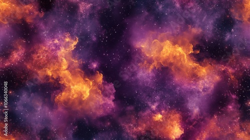 A vibrant nebula with orange and purple clouds against a starry backdrop