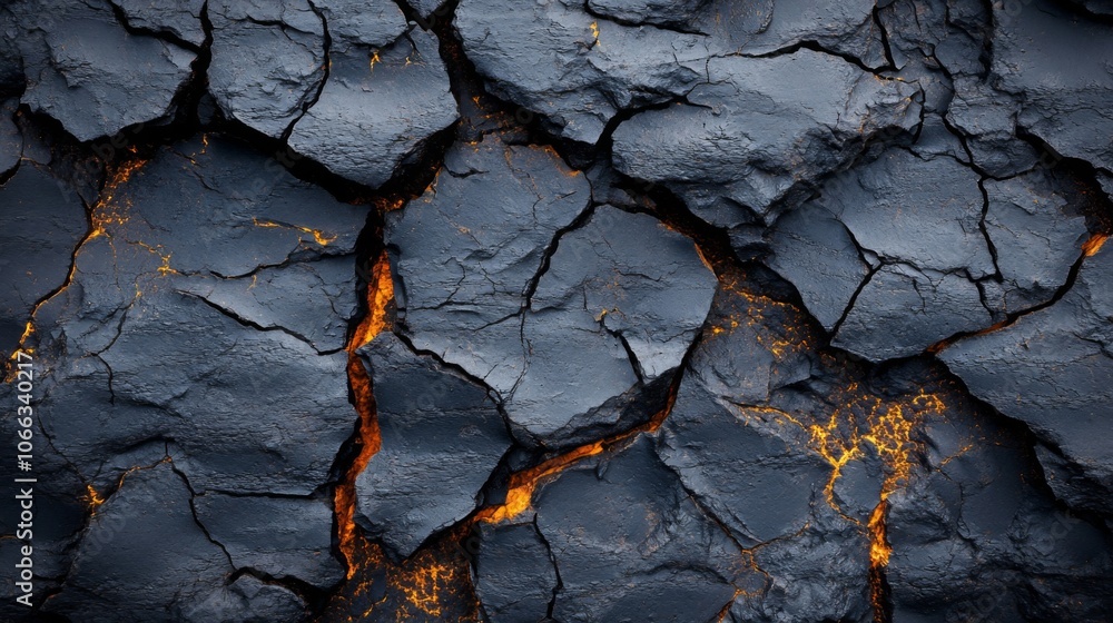 Cracked Black Rock Surface with Glowing Orange Interior
