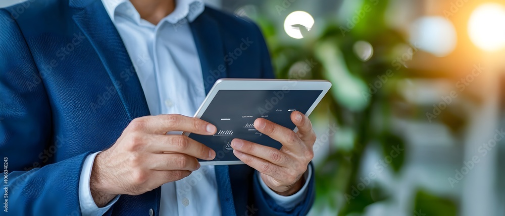 Hands Holding Tablet with Smart Industry Control Interface and Blurred Automation Machine in the Background Depicting Advanced Industrial Automation and Intelligent Technology Solutions for Businesses
