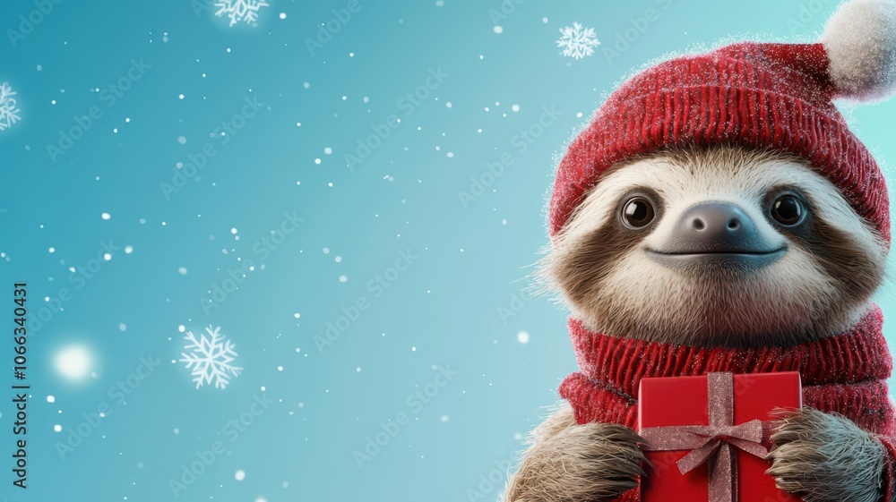 Sloth holding a Christmas gift, snowflakes falling, 3D illustration Sloth holding a Christmas gift, snowflakes falling, 3D illustration