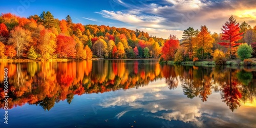 Autumnal Reflection of a Forest's Vibrant Palette in a Still Lake Under a Cloud-Dappled Sky