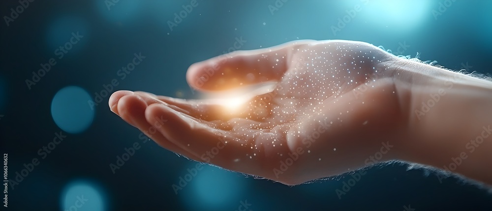 Fototapeta premium Hands Touching in a Futuristic Digital Data Exchange Conceptual Visualization of Human Connection and Innovation Through Technology