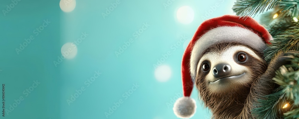 Sloth in Santa hat climbing a decorated Christmas tree, 3D illustration Sloth in Santa hat climbing a decorated Christmas tree, 3D illustration