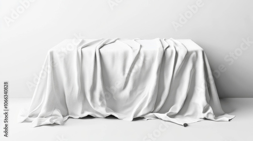 A plain white table covered with a draped fabric, creating a minimalist and elegant aesthetic.