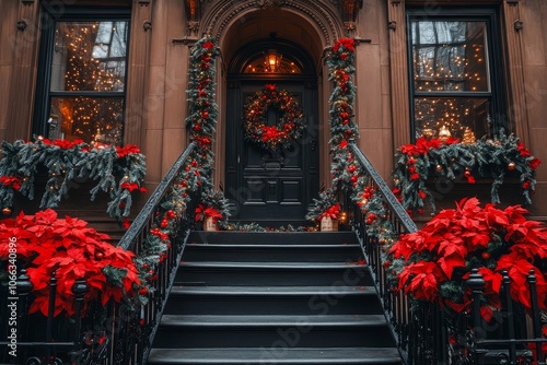 Brownstone building in New York City decorated for Christmas with garlands, wreaths on stairs, iron fence, elegant door, flower decorations, and warm-lit windows creating a festive atmosphere.