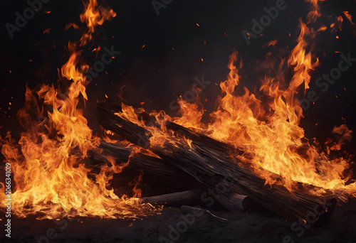 A log burning intensely with orange flames against a dark smoky background. A dramatic scene of intense flames engulfing a dark landscape, with sparks flying in the air.