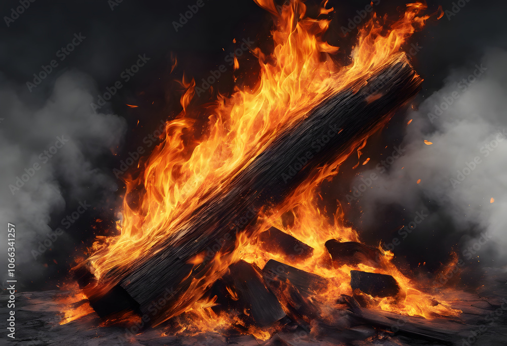 A log burning intensely with orange flames against a dark smoky background. A dramatic scene of intense flames engulfing a dark landscape, with sparks flying in the air. A log burning intensely with orange flames against a dark smoky background. A dramatic scene of intense flames engulfing a dark landscape, with sparks flying in the air.
