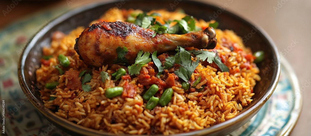 A beautifully presented serving of Nasi Liwet with chicken A beautifully presented serving of Nasi Liwet with chicken
