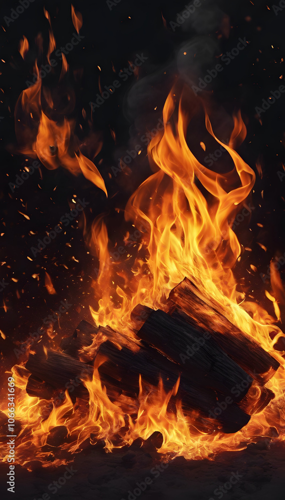 A log burning intensely with orange flames against a dark smoky background. A dramatic scene of intense flames engulfing a dark landscape, with sparks flying in the air. A log burning intensely with orange flames against a dark smoky background. A dramatic scene of intense flames engulfing a dark landscape, with sparks flying in the air.