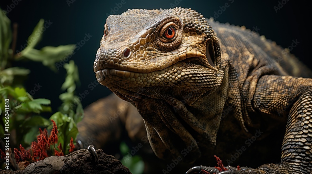 A close-up portrait of a large, brown lizard with red eyes, looking directly at the camera. It is set against a dark background with some green plants and a reddish-brown rock in the foreground. A close-up portrait of a large, brown lizard with red eyes, looking directly at the camera. It is set against a dark background with some green plants and a reddish-brown rock in the foreground.