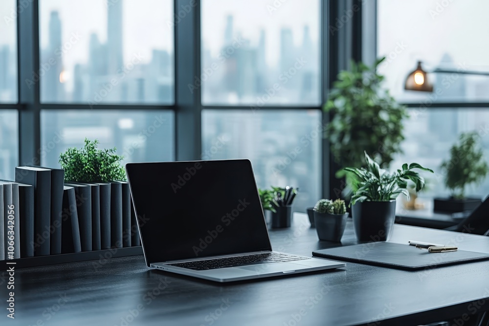 Laptop on a desk near a window. Laptop on a desk near a window.
