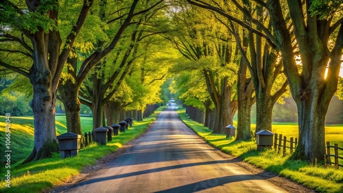 A Sun-Dappled Pathway Through a Canopy of Lush Green Trees, Leading Towards a Distant Horizon with a Glimpse of a Vehicle