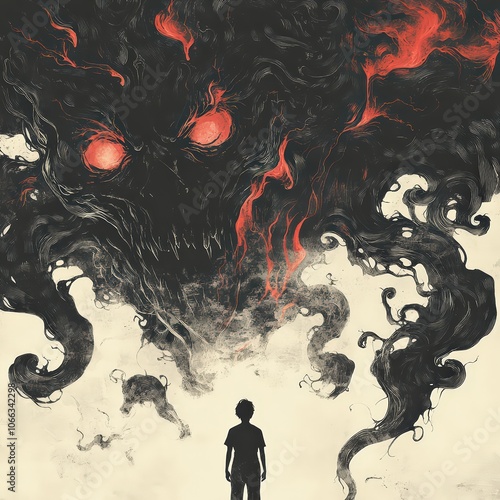 Illustration of a person battling inner demons, such as fear or anxiety