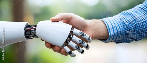 Two hands one human and one robotic reaching out and clasping together symbolizing the partnership and between humans and intelligent technology Against a backdrop of a data network