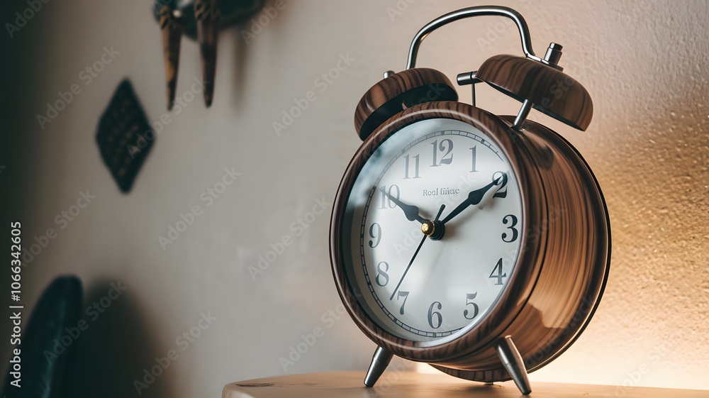 A retro alarm clock with a wood grain finish, softly backlit to cast a ...