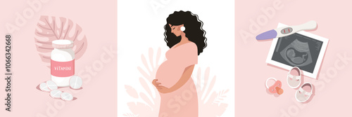 Set of happy pregnancy illustrations, positive pregnancy test and fetal ultrasound, pregnant woman, vitamins and nutritional supplements. Flat vector cartoon illustration, modern pregnancy banner.