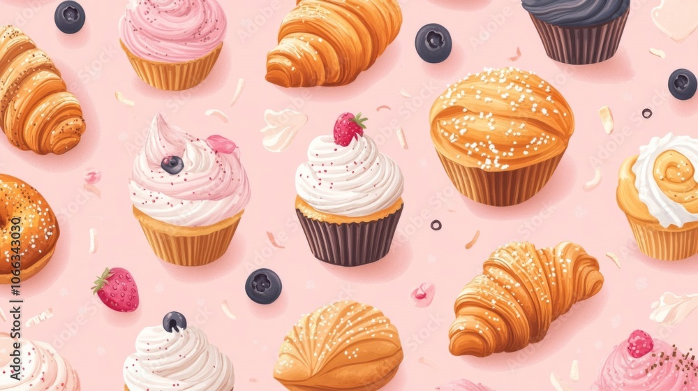 A Pink Background Filled with Various Pastries and Berries A Pink Background Filled with Various Pastries and Berries