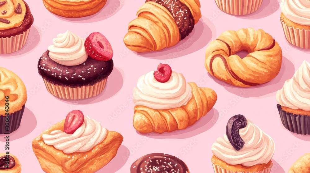 A Variety of Delicious Pastries and Sweet Treats on a Pink Background A Variety of Delicious Pastries and Sweet Treats on a Pink Background