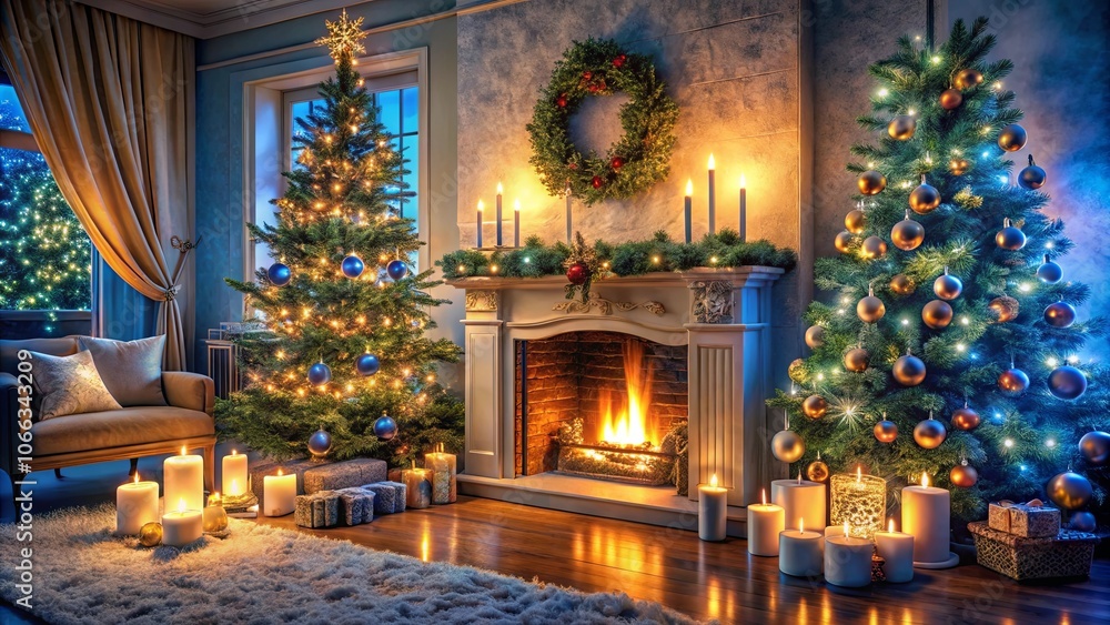 custom made wallpaper toronto digitalA Cozy Christmas Eve with a Burning Fireplace and Two Decorated Christmas Trees, Candles Glowing on the Floor, Reflecting the Warmth of the Home