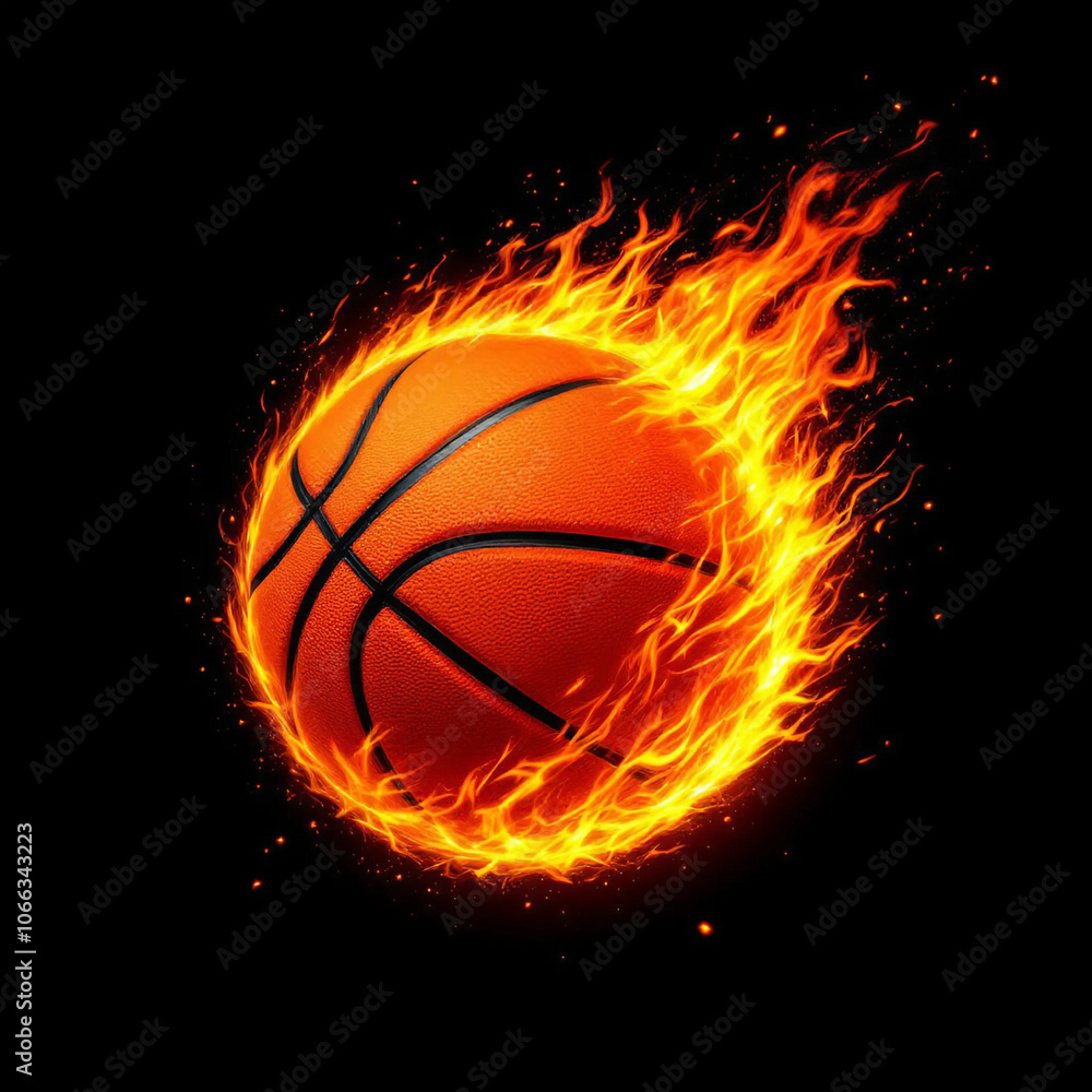 Fototapeta premium A basketball engulfed in flames against a black background