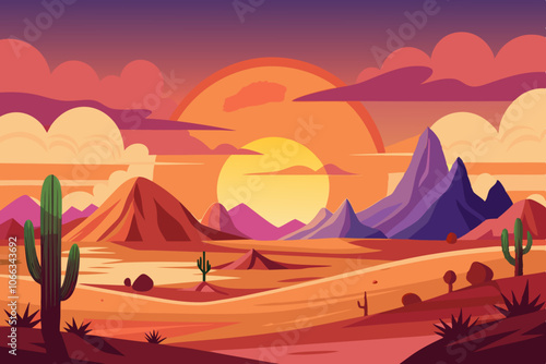 Cartoon desert landscape with cactus hills and mountains silhouettes